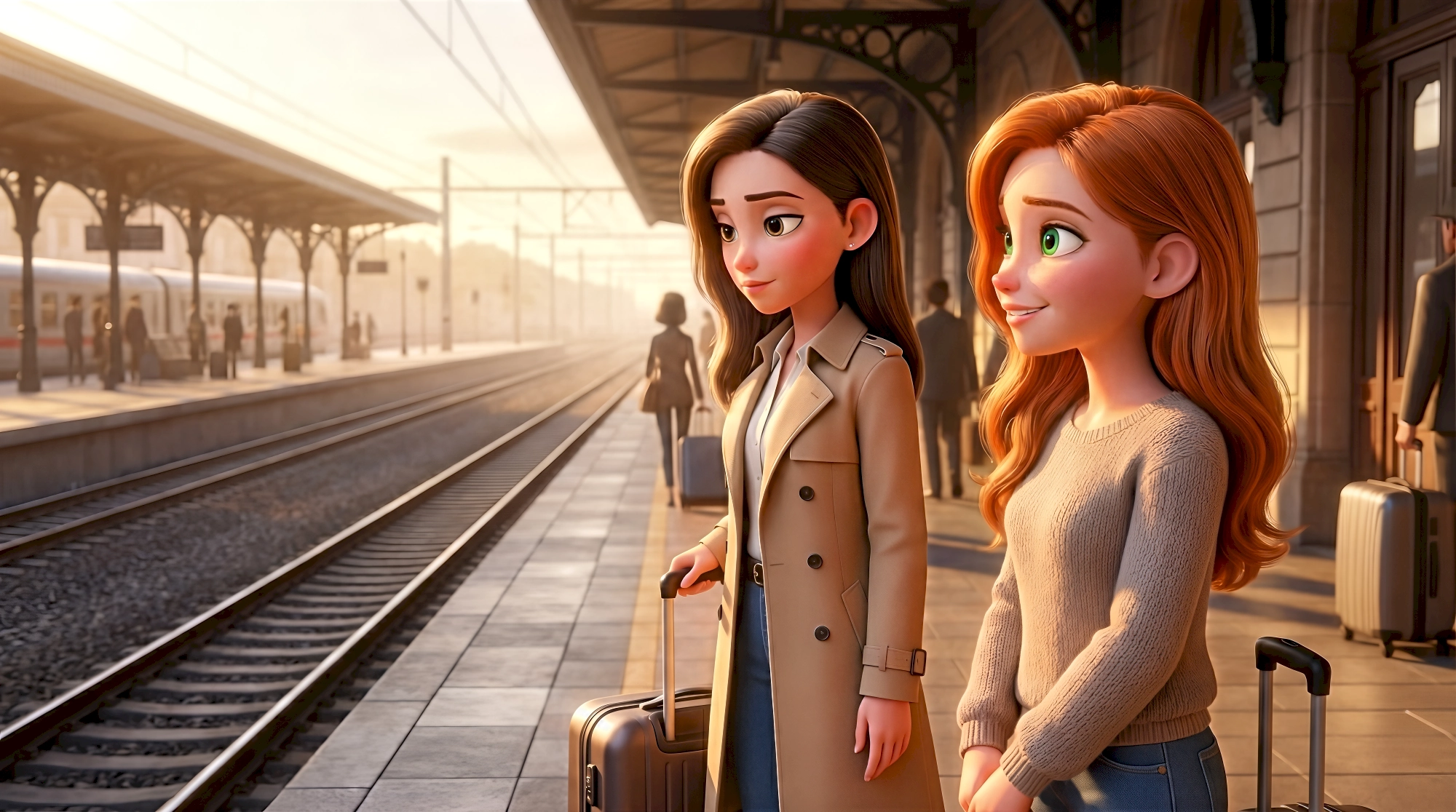 Two stylized 3D animated women including one in a camel trench coat and one in a warm knit sweater both…