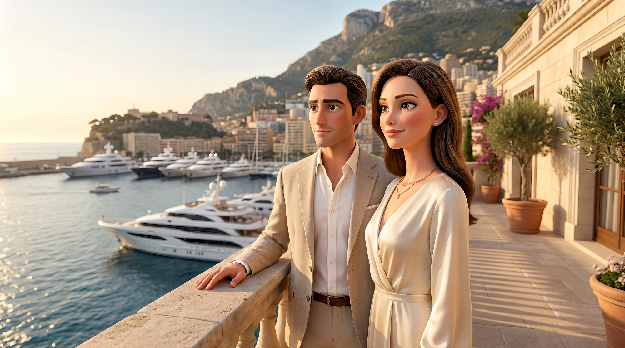 Two sophisticated 3D animated characters in a linen suit and silk wrap dress stand on a classical limestone…