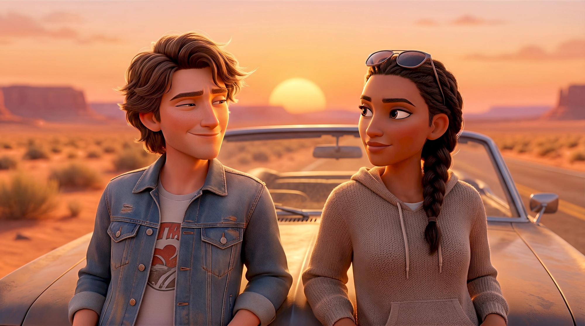 Two cinematic 3D animated characters in a denim jacket and knit hoodie lean on a vintage convertible on a…