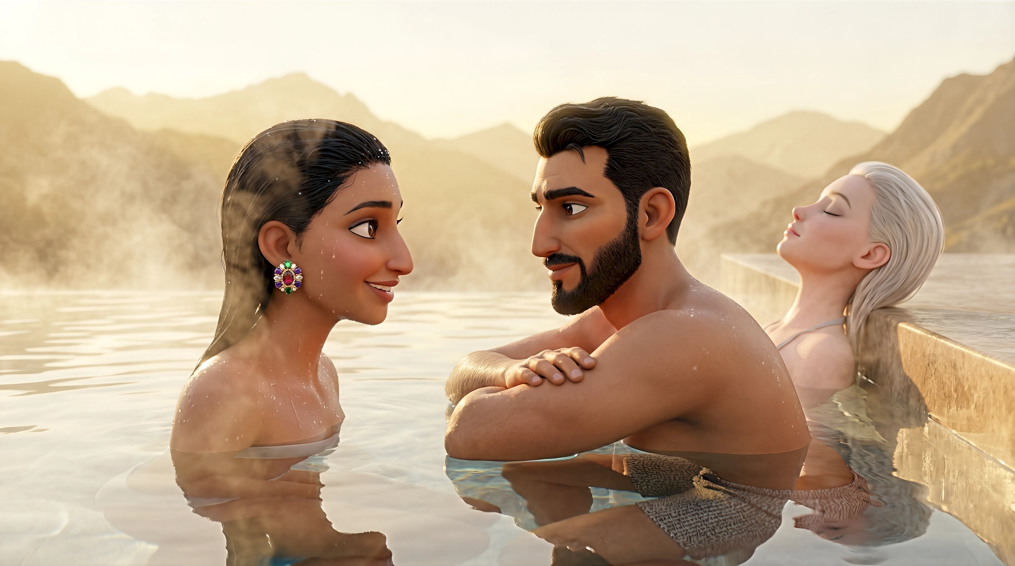 Three serene 3D animated characters including a woman with a jewelled earring a bearded man and a…