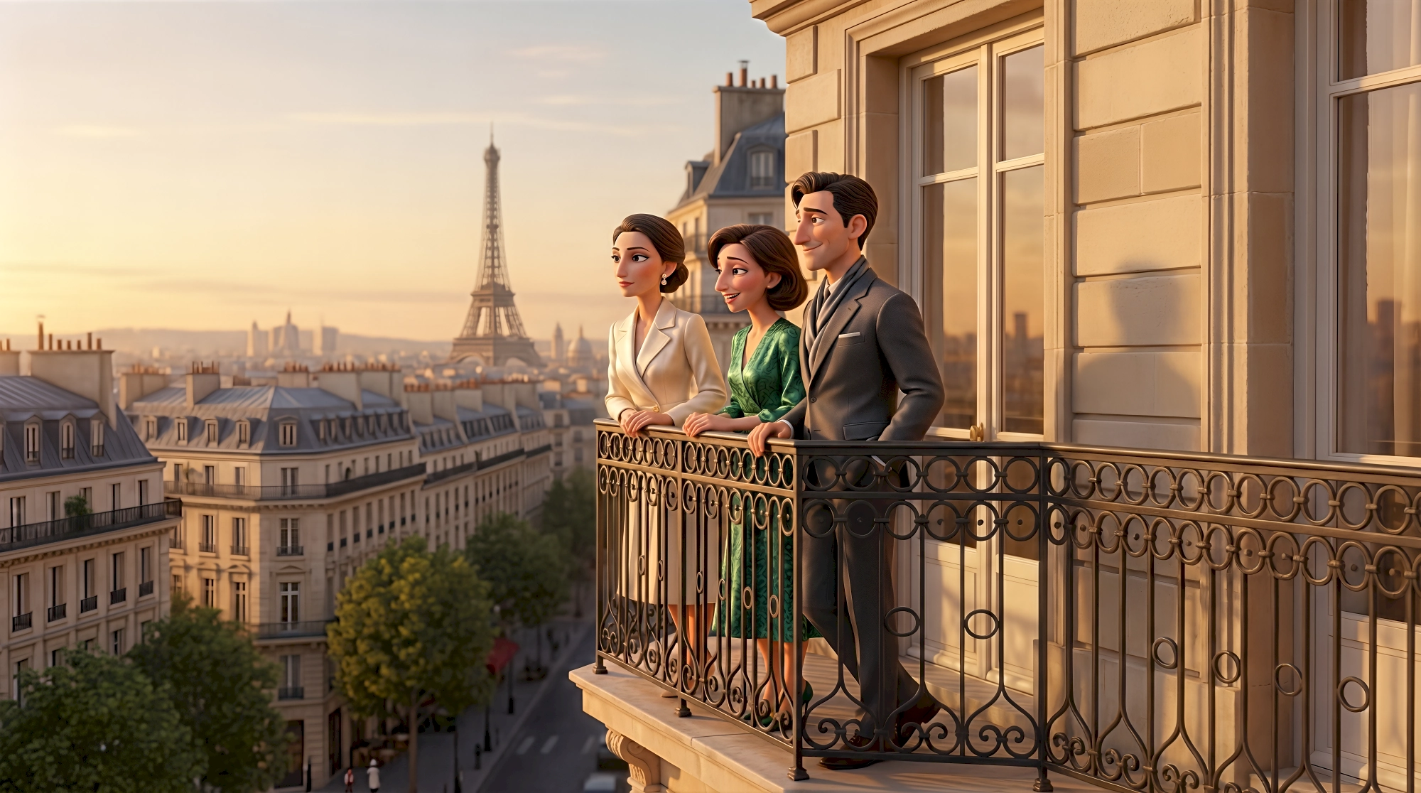 Three elegant 3D animated characters including two women in a cream blazer and green dress and a man in a…