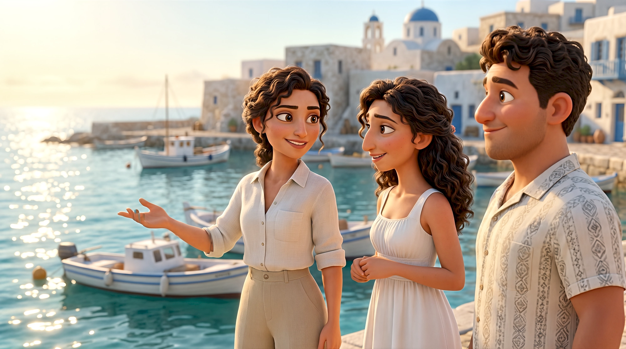 Three expressive 3D animated characters in linen shirts and summer dresses explore the sparkling waterfront…