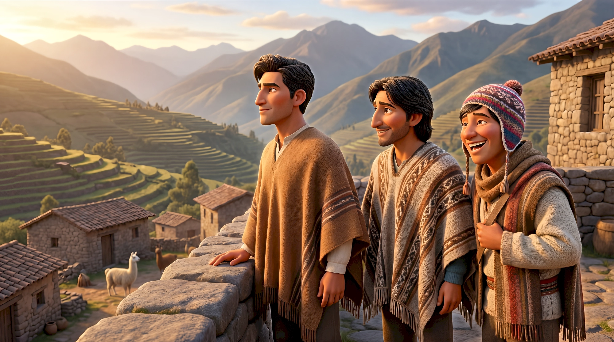 Three cinematic 3D animated characters in traditional Andean wool ponchos and a chullo beanie stand on an…
