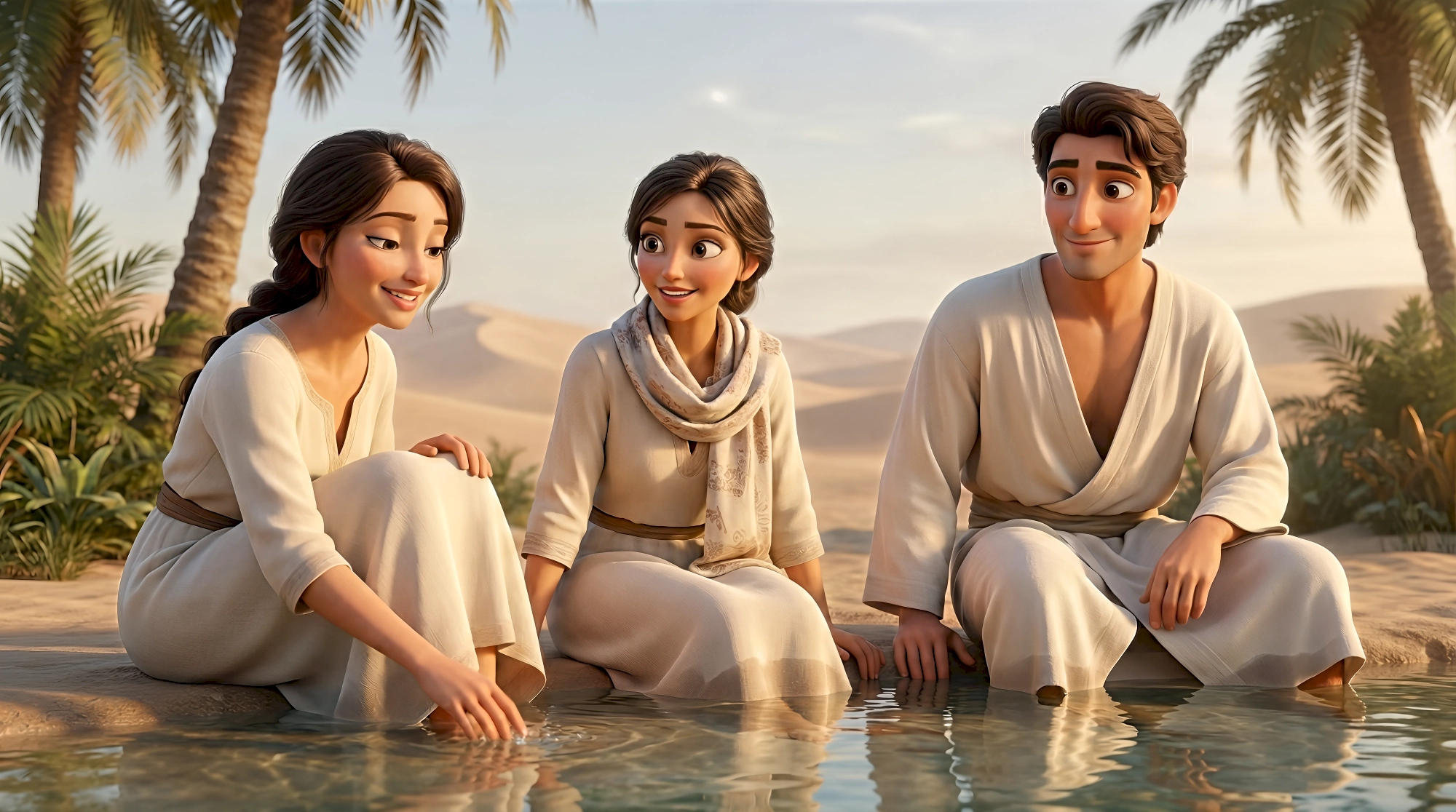 Three expressive 3D animated characters including two women and a man dressed in flowing cream linen robes…