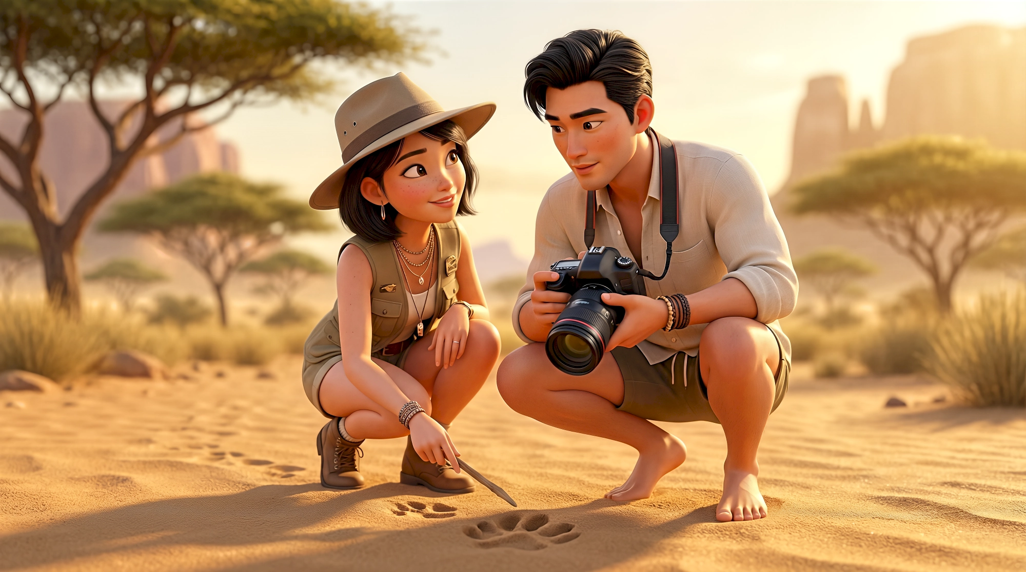 Two adventurous 3D animated characters in safari vest and pith hat crouch over large animal paw prints in the…