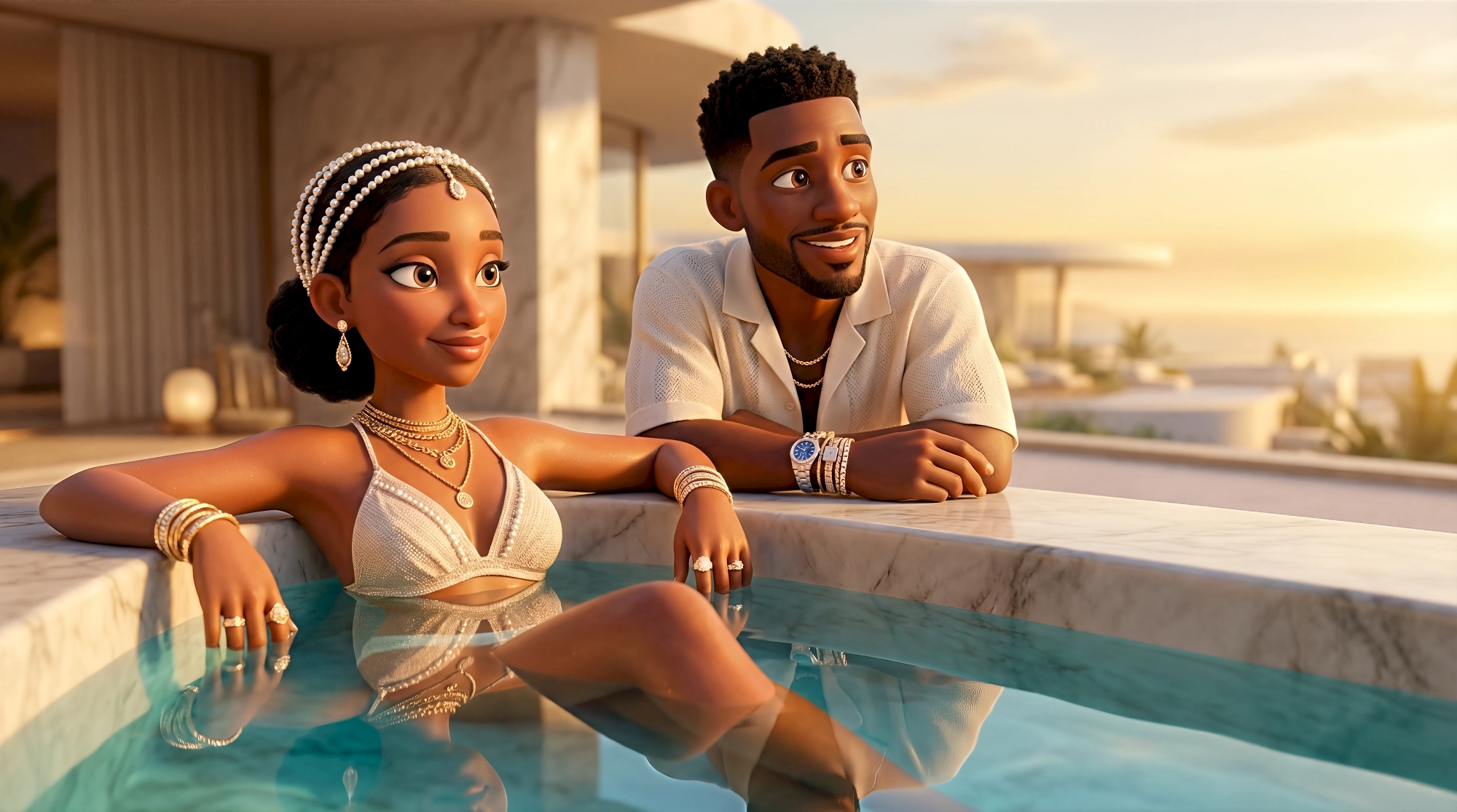 Two glamorous 3D animated characters draped in gold jewellery and luxury accessories relax at the edge of a…