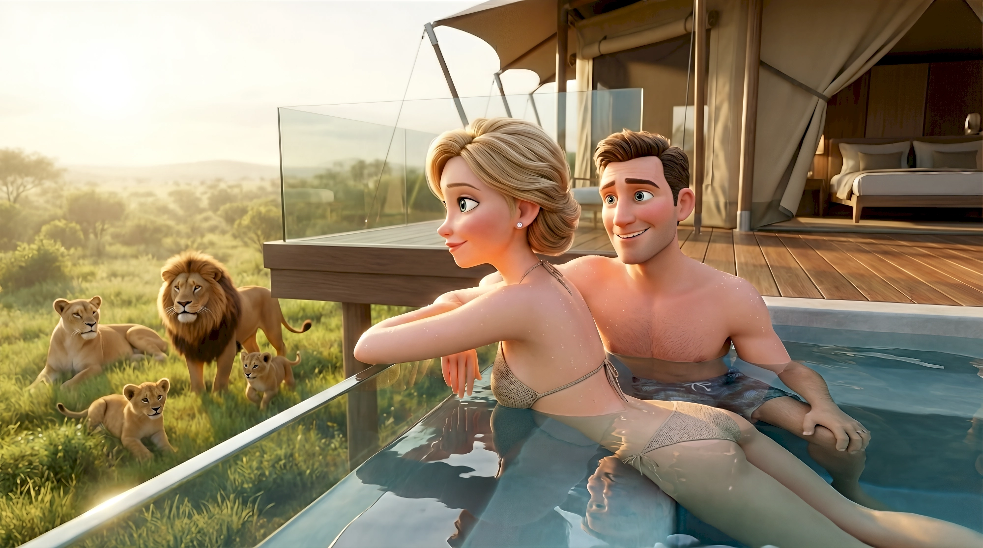 Two stylized 3D animated characters including a woman in a halter bikini and a shirtless man in swim shorts…