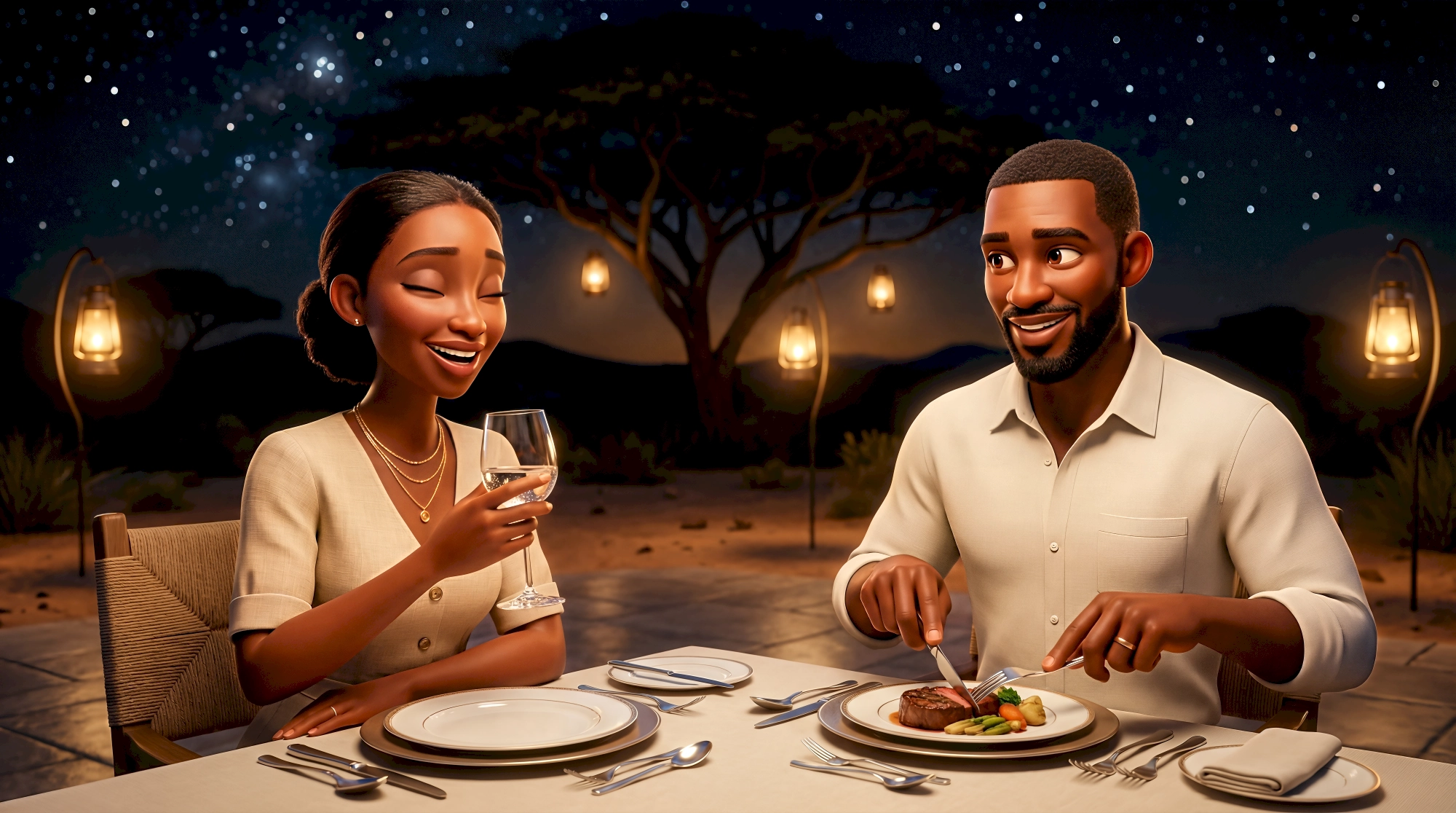 Two elegant 3D animated characters in cream linen share a romantic fine dining bush dinner under a…