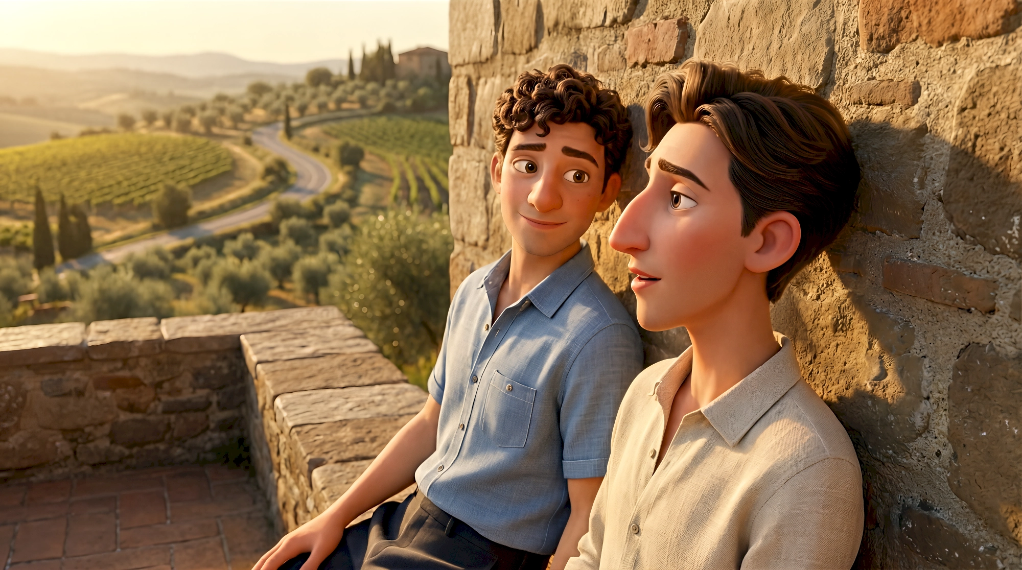 Two relaxed 3D animated men in linen shirts lean against an ancient stone wall on a terracotta terrace…