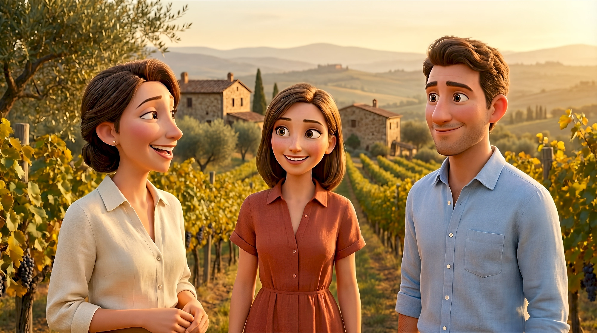 Three expressive 3D animated characters in linen and a terracotta dress stand among ripe grape vines at a…