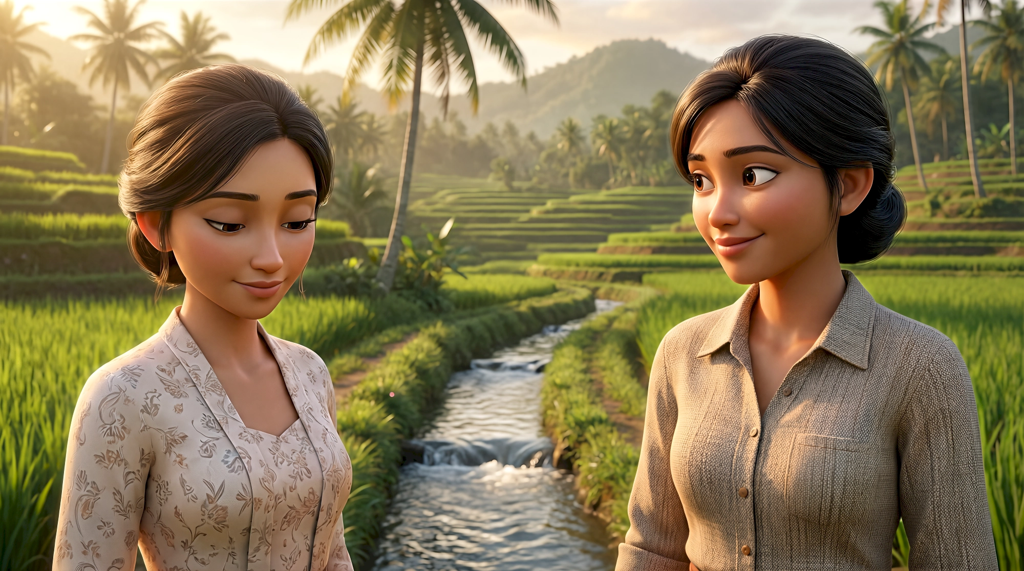 Two expressive 3D animated women in a floral batik blouse and linen shirt stand beside a flowing irrigation…