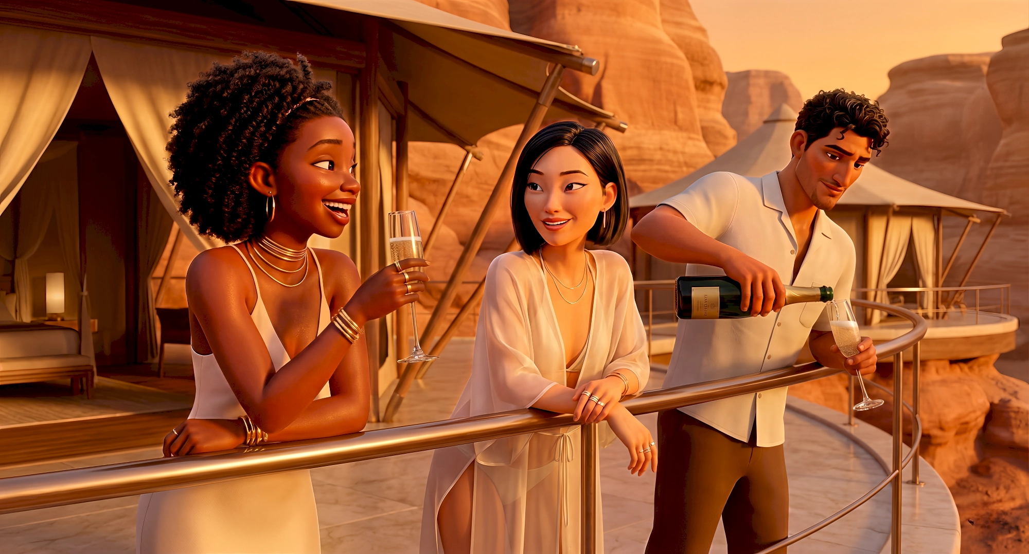 Three expressive 3D animated characters in elegant resort wear celebrate with champagne on the curved balcony…